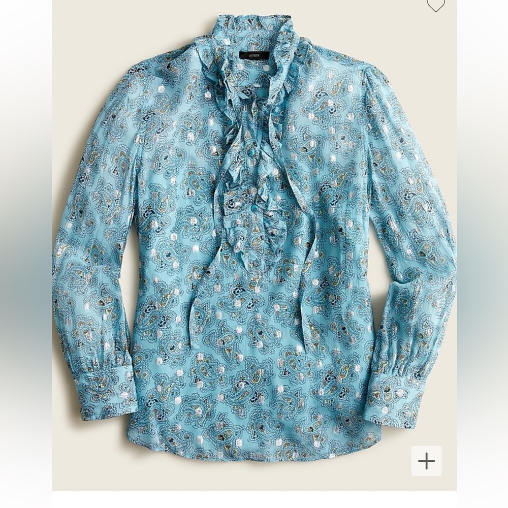 NWT J. Crew Blue Metallic Chiffon Ruffle-Neck Top Shadowy Sea Women’s Size XS